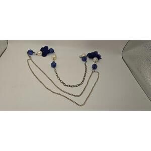 Vintage Blue Floral Faux Pearl Gold Tone Chain Necklace Cottagecore Romantic